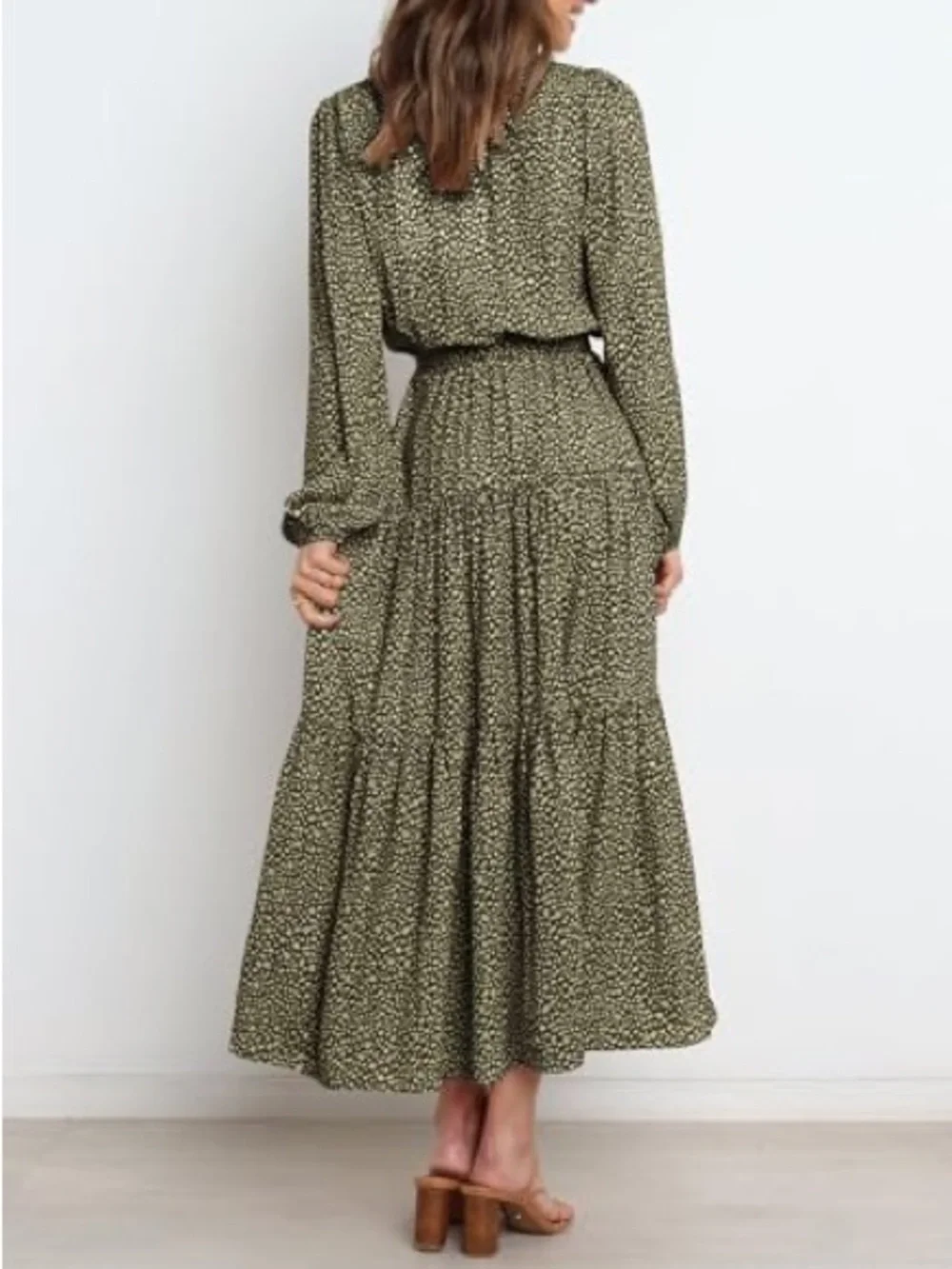 Long Sleeve Olive Floral Tiered Maxi Dress with V-Neck - Picture 5 of 9
